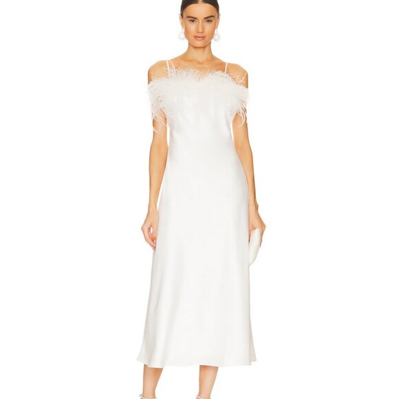 Line & Dot Kimi Dress Size Medium Feather Trim Satin MSRP $184 New Without Tags - Picture 3 of 17